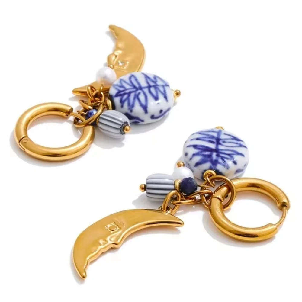 Gold Moon Blue Ceramic Charm Huggie Hoop Earrings | NWOT